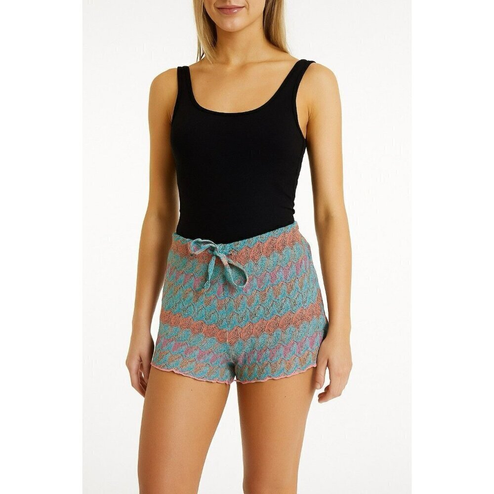 Women's Drawstring Mesh Sheer Beach Cover Up Shorts Size Large Pink Blue